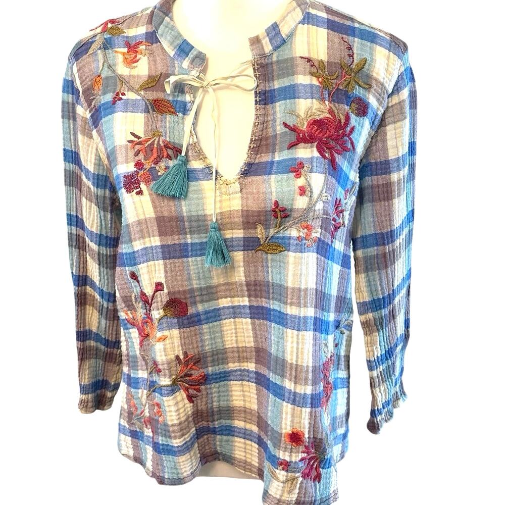 Johnny Was Workshop Viviana Effortless Silk Scarf Blouse Tunic Top Sz S  Boho - Picture 2 of 13